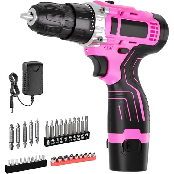 Cordless Power Drill Set: 12V  Drill with  and , 65 count Acessories, 3/8"Keyless Chuck, 2 Variable Speed, 24+1 Position, Compact Drill Driver Kit for  & DIY Project