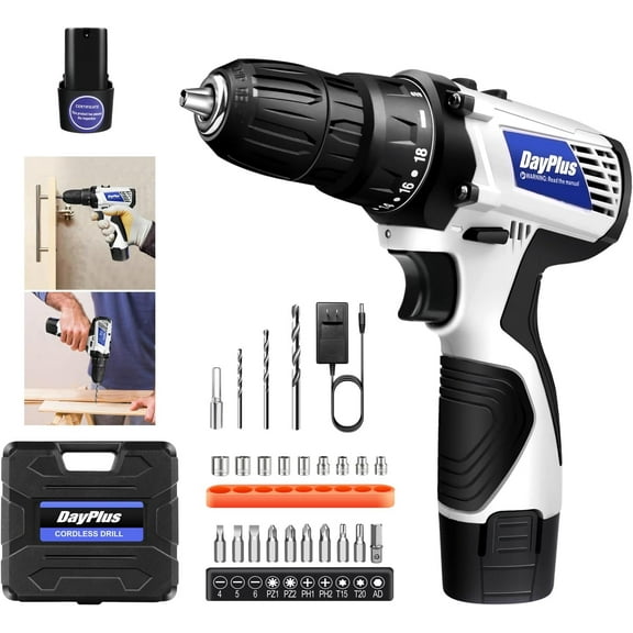 Cordless Power Drill Set, Cordless Drill, Electric Drill for Tighten Loosen Screws and Nuts, 2 Variable Speed 18+1 Torque Setting, 45Nm Max Torque, Impact Drill Set with 1.3Ah Li-Ion Battery