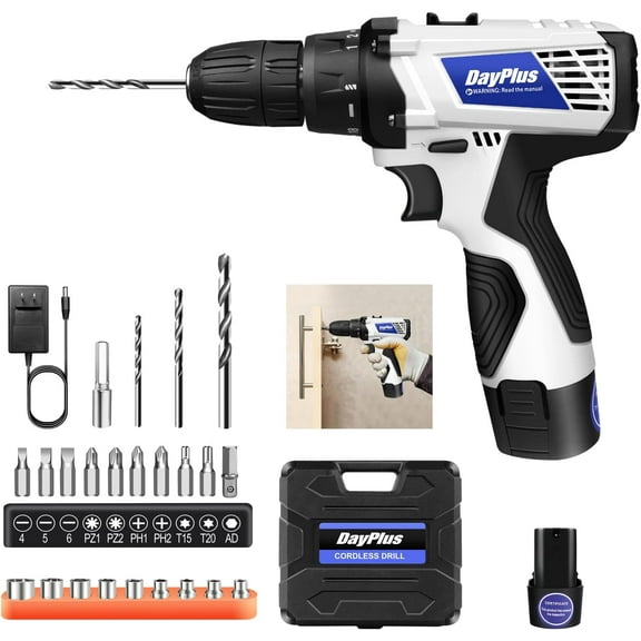 Cordless Power Drill Set Electric Drill Impact Drill Set with 1.3Ah Li-Ion Battery & Fast Charger, 45Nm Max Torque, 2 Variable Speed 18+1 Torque Setting, Power Tools for Tighten Loosen Screws/Nuts