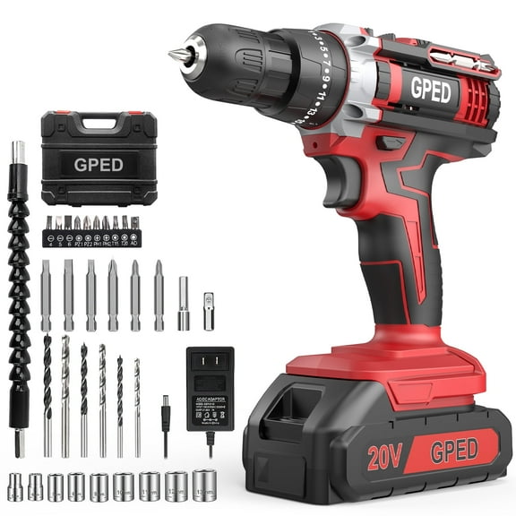 GPED Cordless Power Drill Set, Power Drill Driver Kit with 1 Lithium-Ion & Charger, 3/8"Keyless Chuck, 25 1 Position Electric Drill, 2-Speed Transmission, Built-In Led And 34pcs Driver Bits, Red