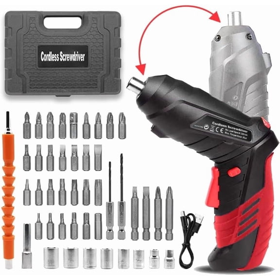 Cordless Power  Electric  Rechargeable Set,    Kit Including 46 count Bits, Pivoting Handle and LED Lights Small Drills Cordless (Red)