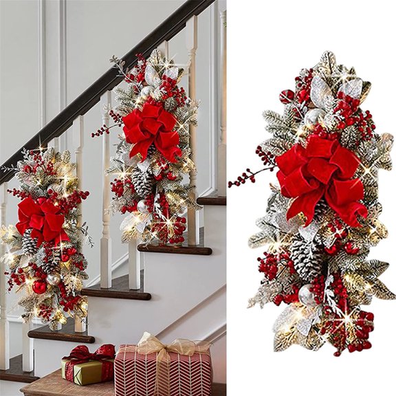 Cordless Prelit Christmas Swag with Lights, Teardrop Swag Wreath Stair Swag Door Swag Garlands for Front Door Wall Window Hanging Ornaments for Indoor Outdoor Home Xmas Decor