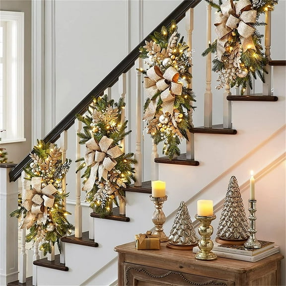 Cordless Prelit Christmas Swag with Lights, Teardrop Swag Wreath Stair Swag Door Swag Garlands for Front Door Wall Window Hanging Ornaments for Indoor Outdoor Home Xmas Decor