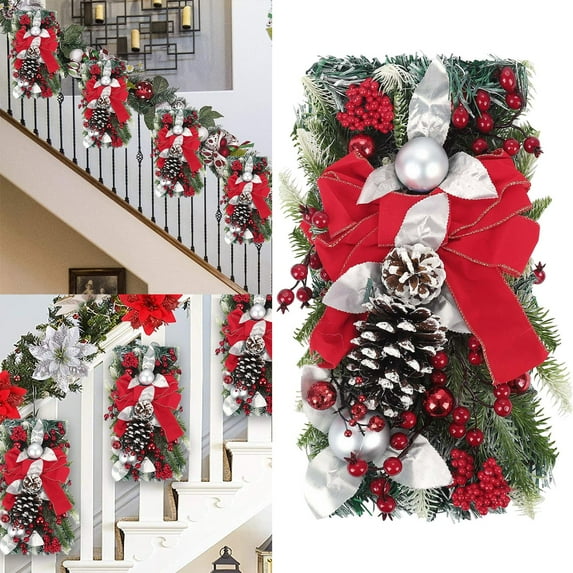 Cordless Prelit Christmas Wreath - LED Stairway Garland with Snowballs and Berries, Battery Operated Door Wall Decor for Indoor Outdoor Holiday Home Decorations(E)