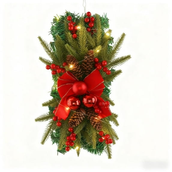 Cordless Prelit Christmas Wreaths, Battery Operated Stairway Trim for Front Door, Holiday Cemetery Wreath for Outdoor Indoor Decor, Wall Window Hanging Ornaments