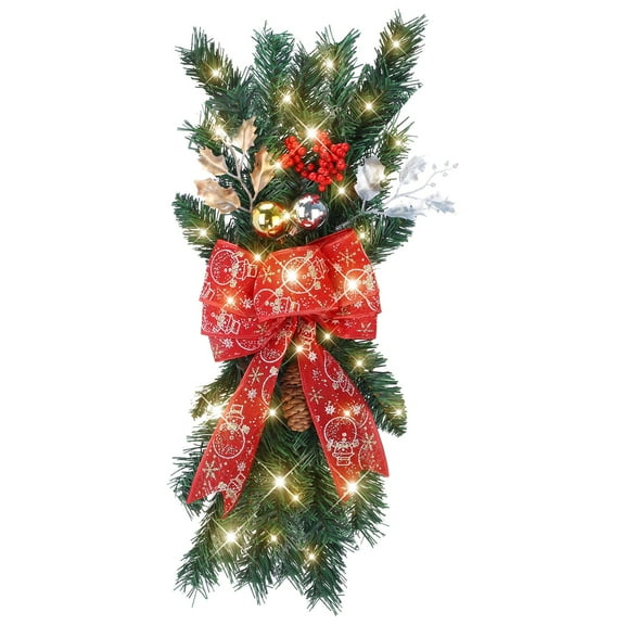 Cordless Prelit Stairway Trim Christmas Wreaths - LED Decor for Front Door Indoor Outdoor