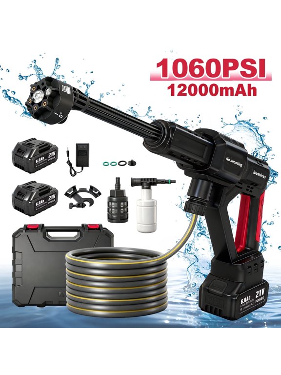 Cordless Pressure Washer, 1060PSI Portable Power Washer with LED Display, 2.8GPM Power Cleaner with 6-in-1 Adjustable Nozzle,16.4ft Hose for Cars/Patios, Black