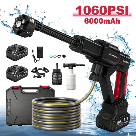 Cordless Pressure Washer, 1060PSI Portable Power Washer with LED Display, 2.8GPM Power Cleaner with 6-in-1 Adjustable Nozzle，16.4ft Hose for Cars/Patios, Black