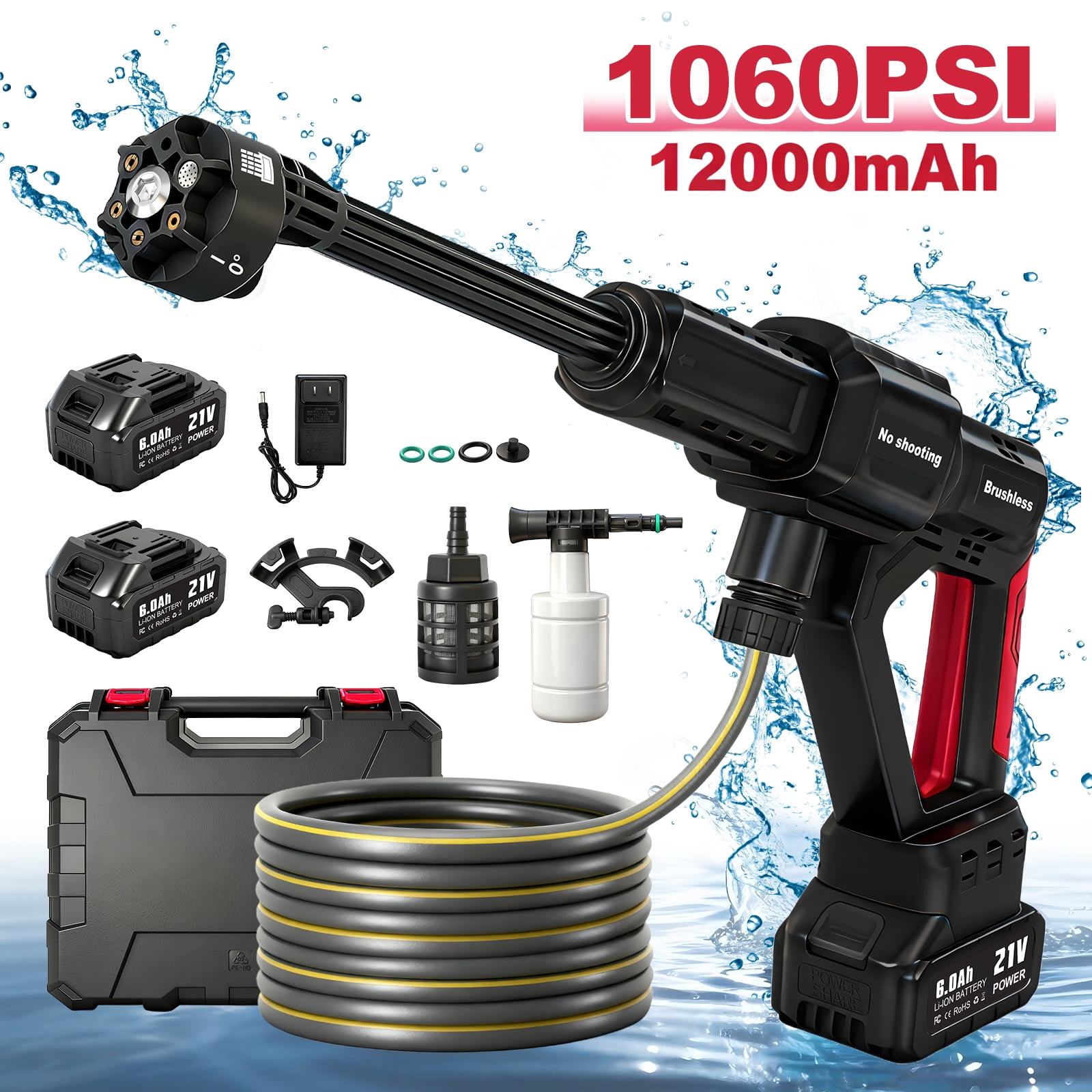 Cordless Pressure Washer, 1060PSI Portable Power Washer with LED Display, 2.8GPM Power Cleaner with 6-in-1 Adjustable Nozzle，16.4ft Hose for Cars/Patios, Black