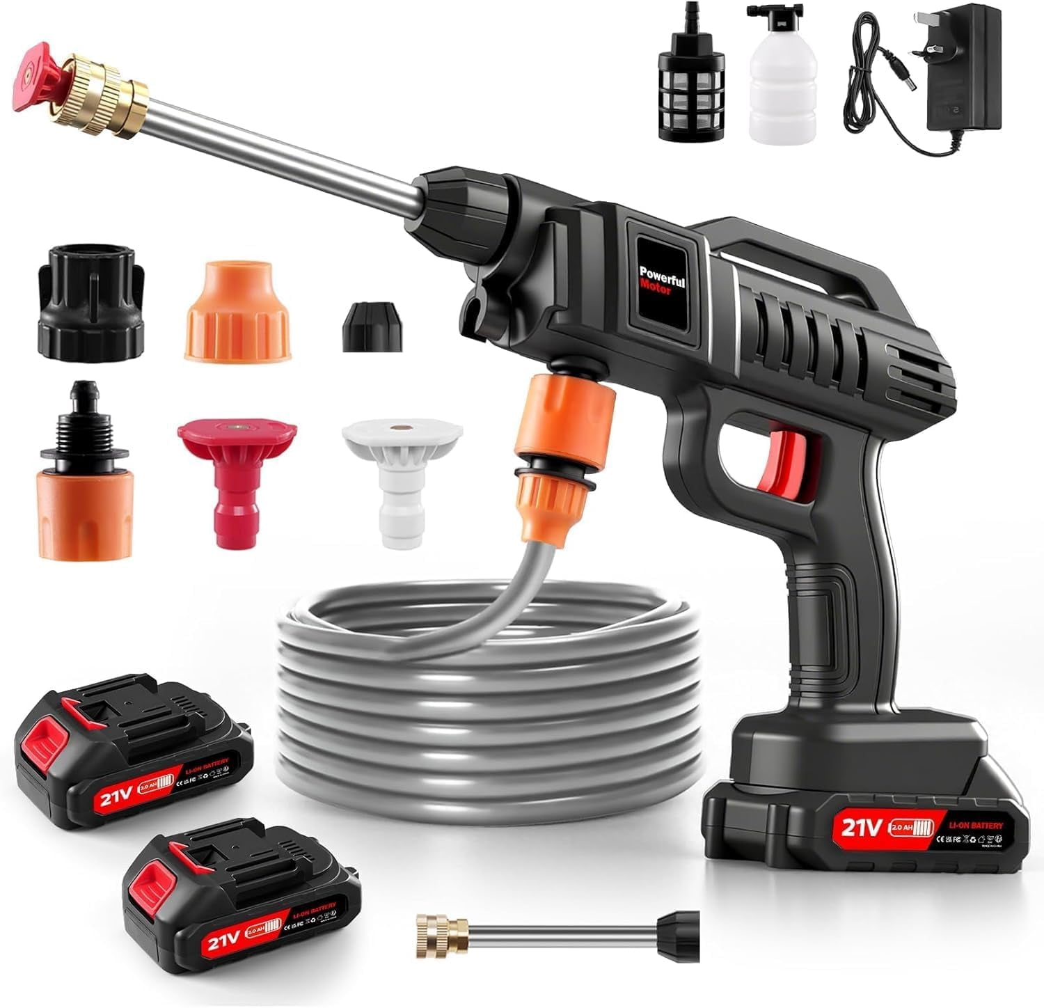 Cordless Pressure Washer, 1500W 21V Portable Power Washer, Rechargeable Battery Pressure Washer with 5M Hose & 3 Nozzles, Electric Pressure Washers for Car Patio Garden Cleaning Watering