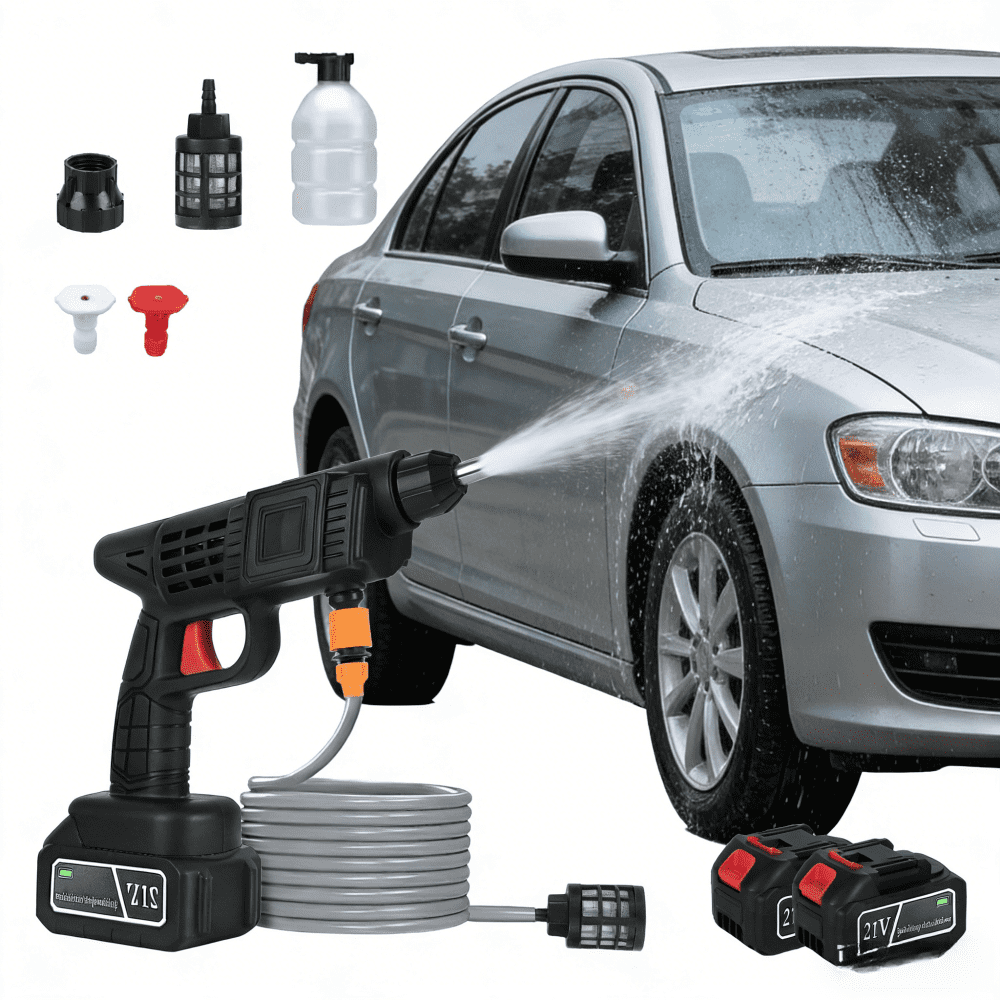 Cordless Pressure Washer 400PSI 300W Portable Power Washer 2 Nozzles Foam Bottle 1200mAh Rechargeable Battery Car Bike Patio Window Fence Cleaning 19.7Ft Spraying Distance 16.4Ft Water Hose Kit