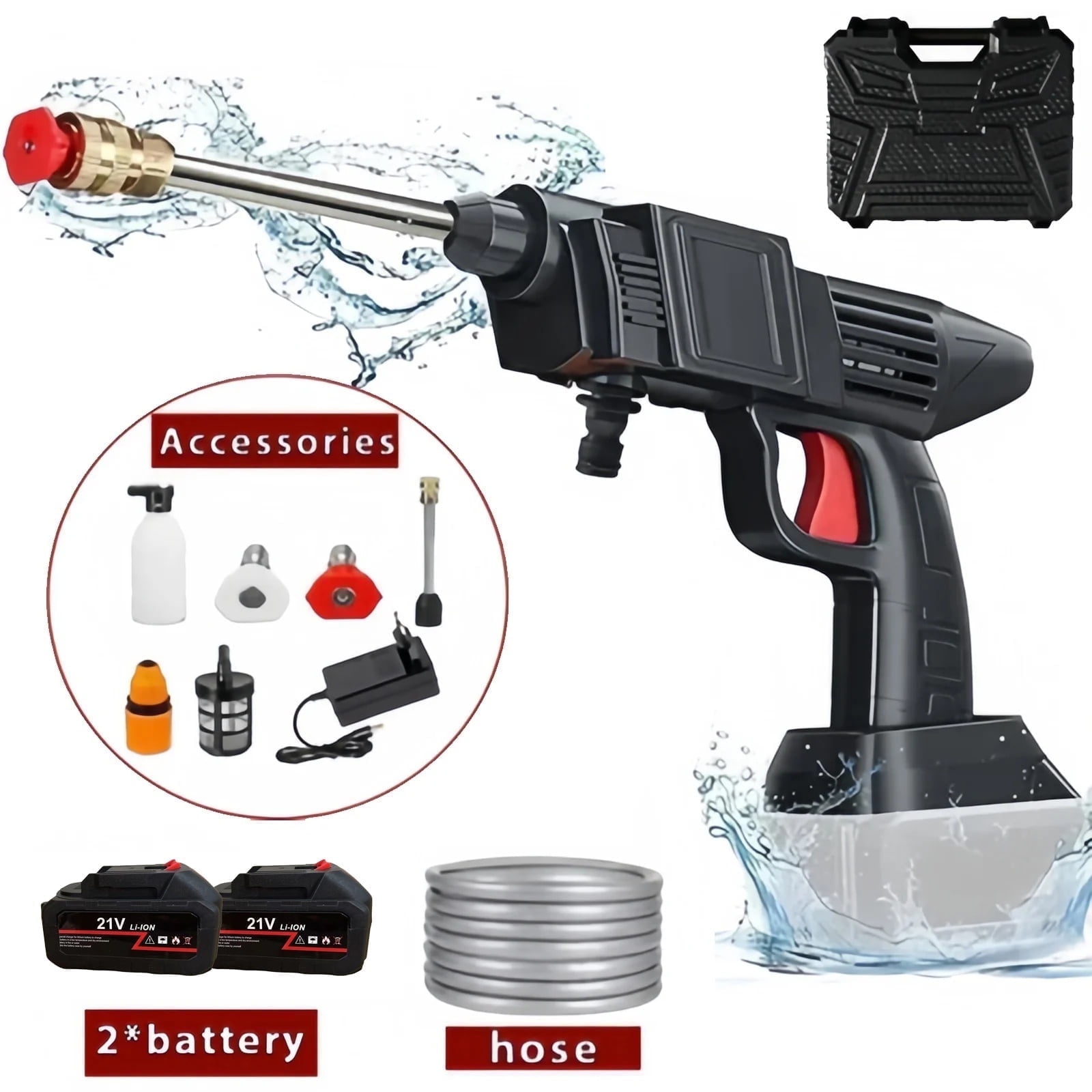 BAKIBO Cordless Pressure Washer, 21V Battery Portable Handheld Car Cleaning Machine, 30Bar Pressure Water Spray Gun Pressure Washer Car Wash Spray Gun for Car, Home And Garden Watering