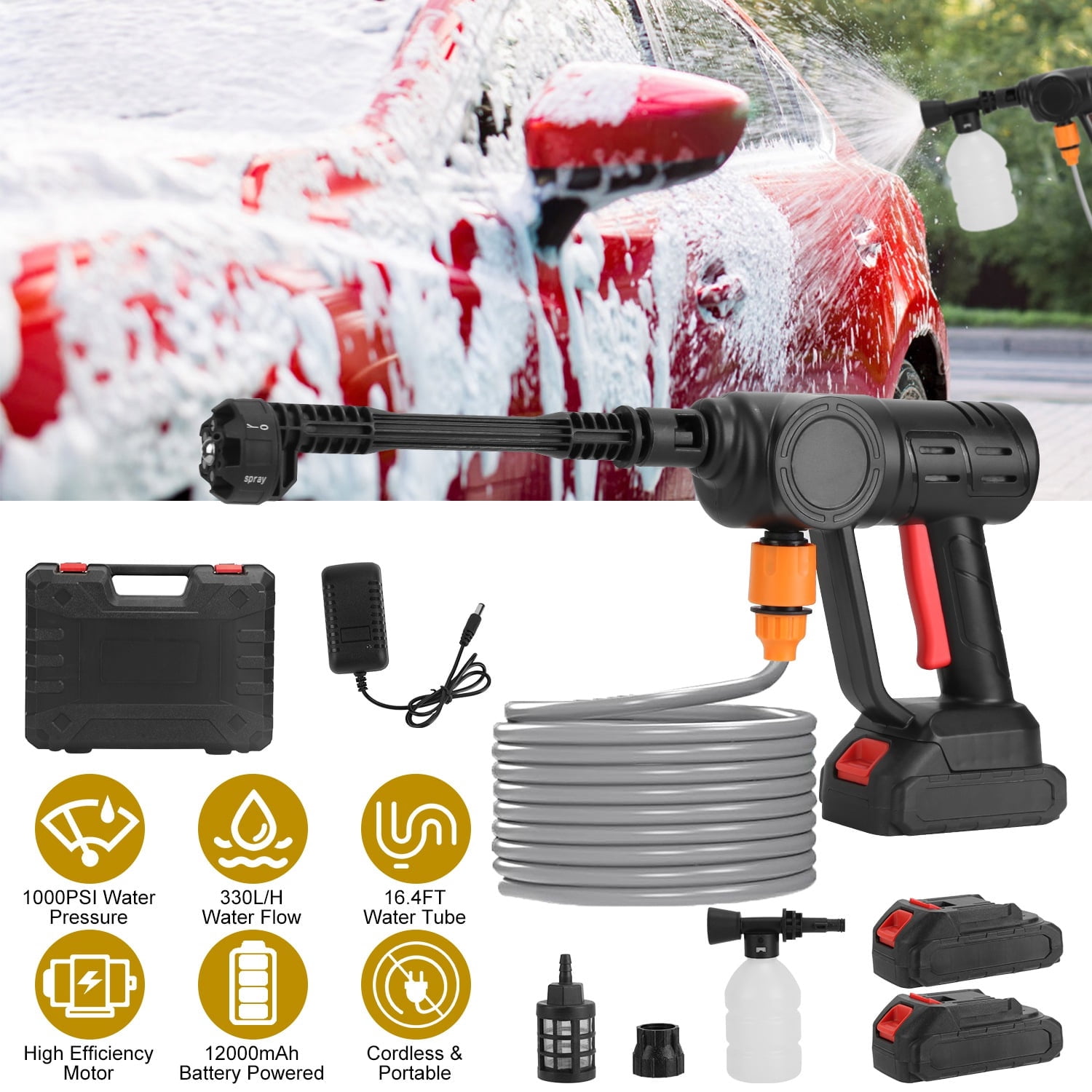 Cordless Pressure Washer 6 in 1 Nozzle 1000PSI Portable Electric Pressure Washer with 2x12000mAh Battery for Car Fence Floor Wall Cleaning