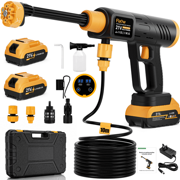 Flaow 1160PSI Brushless Cordless Pressure Washer, 2.4GPM Portable Power Washer 21V Dual Batteries with 6-in-1 Adjustable Nozzle, Power Cleaner with 32.8 ft Hose for Car, Patio, Fence, Deck, Driveway