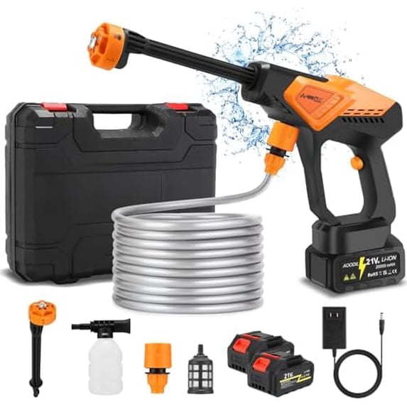 Cordless Pressure Washer Battery Powered, 6 in 1 Nozzle Portable Power Washer with 2 Batteries, 600PSI Cordless Power Washer with 5m Hose, Hard Carry Case for Car, Floor & Garden Cleaning