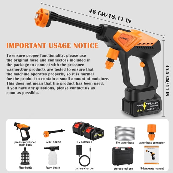 Cordless Pressure Washer Battery Powered, 6 in 1 Nozzle Portable Power Washer with 2 Batteries, 800PSI Cordless Power Washer with 5m Hose, Hard Carry Case for Car, Home & Garden
