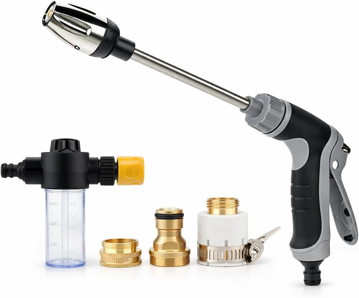 Cordless Pressure Washer, Stainless Steel Power Washer Wand with 360° Rotating Nozzle, 3 Spray Modes, Universal Hose Compatible for Car, Patio & Garden Cleaning (B) B