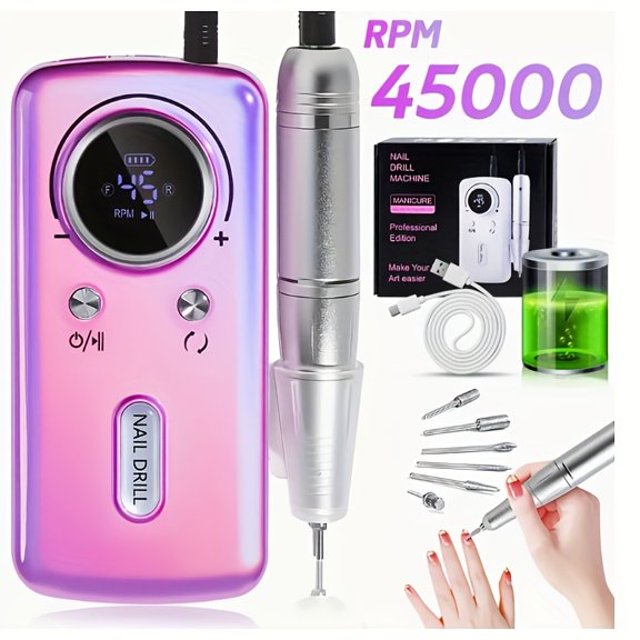 Cordless Professional 45,000 RPM Electric Nail Drill Machine with LCD Display - High-Speed Manicure/Pedicure Tool Kit for Home & Salon Use (No Adapter)