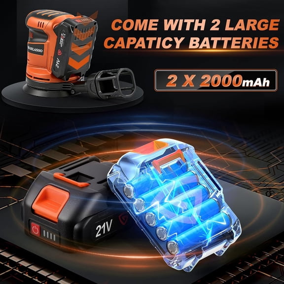 Cordless Random Orbital Sander 5 Inch Battery Powered Palm Sander Sander with 3 Variable Speeds 800013000 RPM with Battery, Dust Collector for Woodworking, Furniture