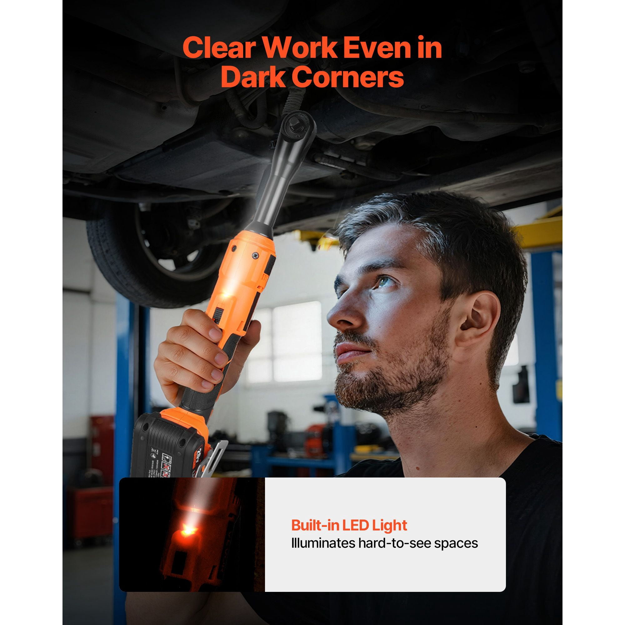 Cordless Ratchet Wrench 3/8" with 66 ft-lbs Torque, 230 RPM, Dual 2000mAh Batteries, LED Light, for Automotive Mechanical Work