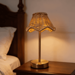 Cordless Rattan Bedside Table Lamp, Rechargeable 3 Color Modes Lamp with Scalloped Woven Rattan Shade, Vintage Boho Portable Lamp for Bedroom Living Room Entryway Cafe Home Decor, Square Shade