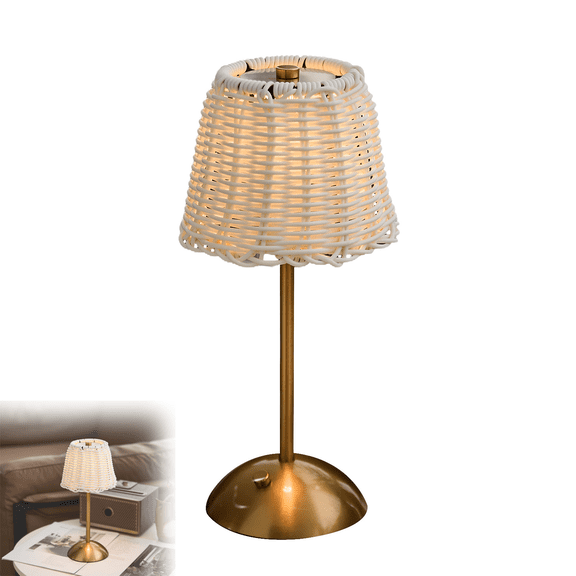 Cordless Rattan Table Lamp - 12" Rechargeable Boho Bedside Lamp with Dimmable 3-Color LED Light, Battery Operated Woven Wicker Lampshade for Restaurant, Resort, Hotel, Bedroom, Living Room Decor