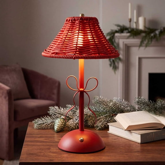 Cordless Rattan Table Lamp,Small Wicker Lamp,Vintage Boho Desk Lamp,Rechargeable LED Reading Light,Touch Lamps for Nightstand Farmhouse Office,Orange-brown PC Shade