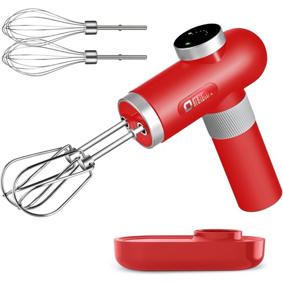 Cordless Rechargeable Hand Mixer for , Portable Handheld Electric Mixer with Beaters, Whisks, 6-Speed Digital Display, Chargg Base and USB-C Charge (Cherry Red)