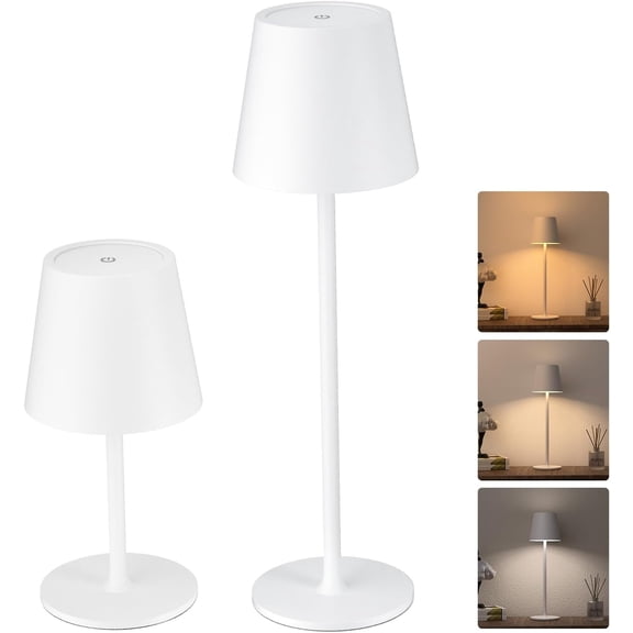 Cordless Rechargeable Table Lamp with 3 Adjustable Heights 5000 mAh Battery 3 Color Temperature Options Smooth Dimming Waterproof Portable LED Lamp (2 Pack Round Base White)