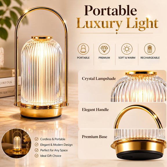 Cordless Rechargeable Table Lamp, Dimmable Portable Lantern with Handle, USB Powered Night Light for Bedroom Living Room Dining & Camping