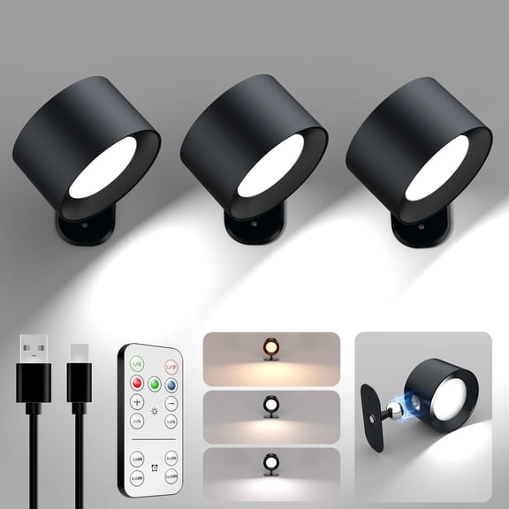 Cordless Rechargeable Wall Sconces with Remote, 3-Pack Dimmable LED Reading Lights, Magnetic 360 Rotatable Wall Mounted Lamp for Bedroom, Bedside, Hallway