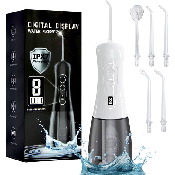 IESWKP Water Flosser Cordless Portable with 8 Pressure Settings and 5 Jet Tips, 400ml Removable Tank Water Flosser for Teeth Cleaning, Gums, Braces, Dental Care, White