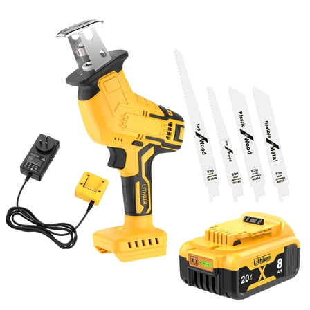 Cordless Reciprocating Saw for 20V Battery with 8000 hAm and Charger, 150W Power Brush Reciprocating Saws, 0-3500 SPM Variable Speed, 4 Saw Blades Kit Cutting Tool for Wood Metal PVC