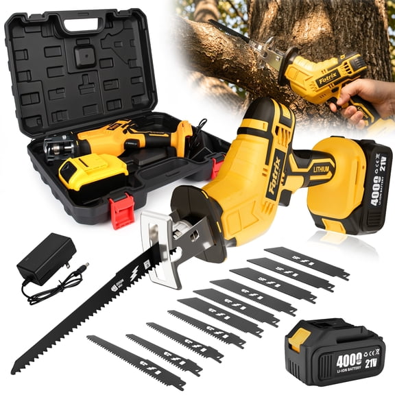 Cordless Reciprocating Saw, 21V Power Saber Saw Kit with one 4.0 Battery and Charger, Handheld Electric Saw for Tree Pruning, plastic case packaging