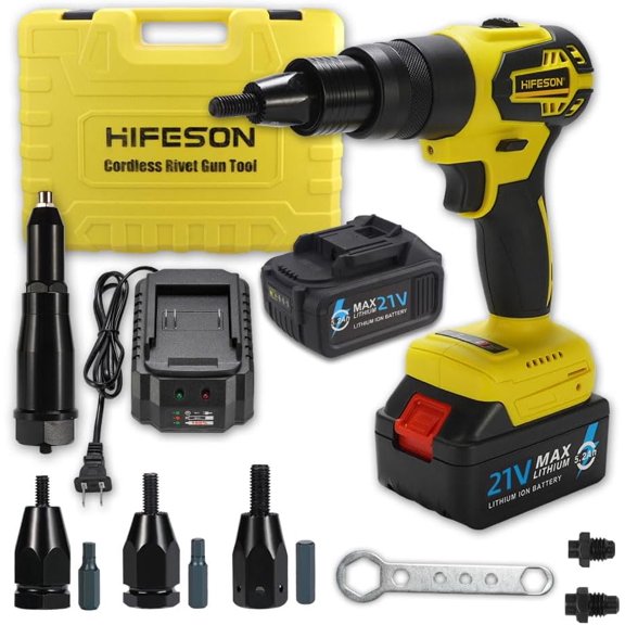 Cordless Rivet Gun Tool, 21V Electric Automatic Rivet & Rivet nut Two Functions Professional Kit with 2pcs Battery & Charger (3/16