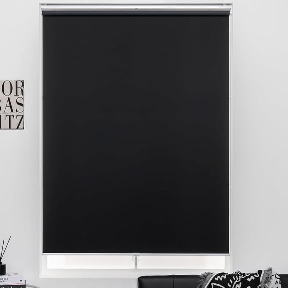 Cordless Roller Shades 100% Blackout Blinds for Windows and Doors, Pull Down Room Darkening Window Shades, Easy to Install for Home and Office, Black, Fixed 75 Inches High, 24 Inches Width