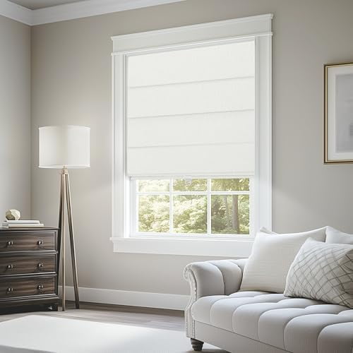 Cordless Roman Shades for Windows Blackout,Pull Down Linen Fabric Roman Blinds,Privacy Window Shades for Door Windows,Bedroom,Office,Easy to Install,Blackout White,20"W x 48"H Fastest arrival