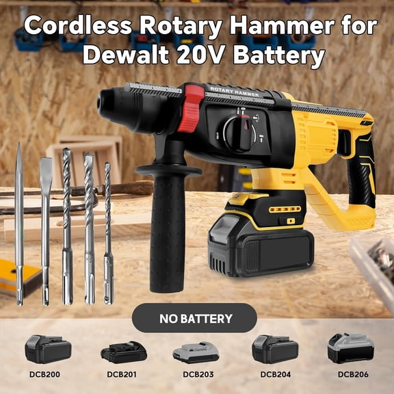 Cordless Rotary Hammer Drill for Dewalt 20V Battery, Brushless SDS-Plus 3 Joules Hammer Drill with 4 Modes, 360Auxiliary Handle and 5 Drill Bits for Concrete/Masonry(Tool Only)