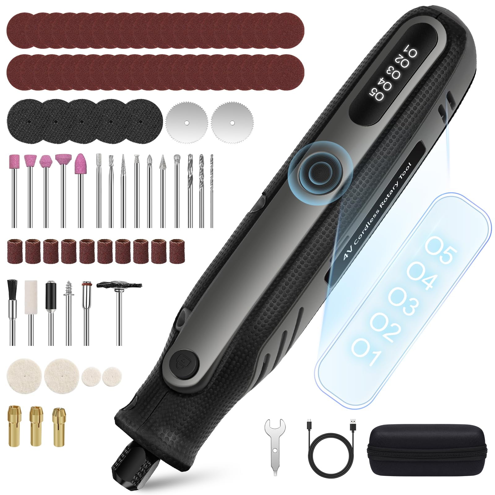 TOUGH MASTER Cordless Rotary Tool 101pcs KIT, 5 Speeds Mini Rotary Tool, USB Rechargeable Type C, 4 LED Lights Ideal Tool For Sanding Polishing Drilling Etching Engraving Cutting Small DIY Crafts
