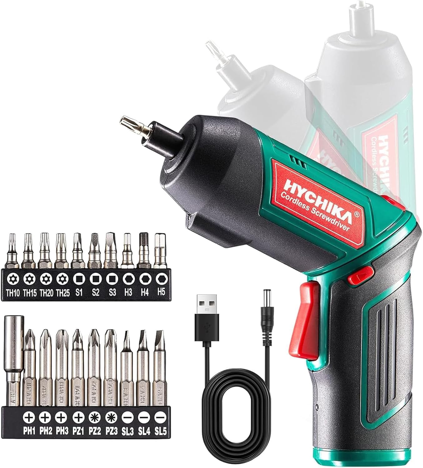 Cordless Screwdriver 6 N.m, HYCHIKA 4V 2000mAh Electric Screwdriver Gun, Adjustable 2 Position Handles, Front LED, DC Charging, 20pcs Accessories