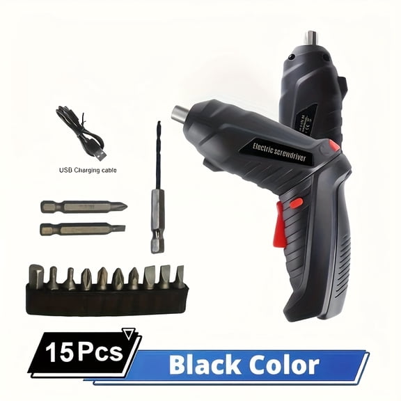 Cordless Screwdriver with Adjustable Handle, 15-Piece Electric Screwdriver Kit, Black