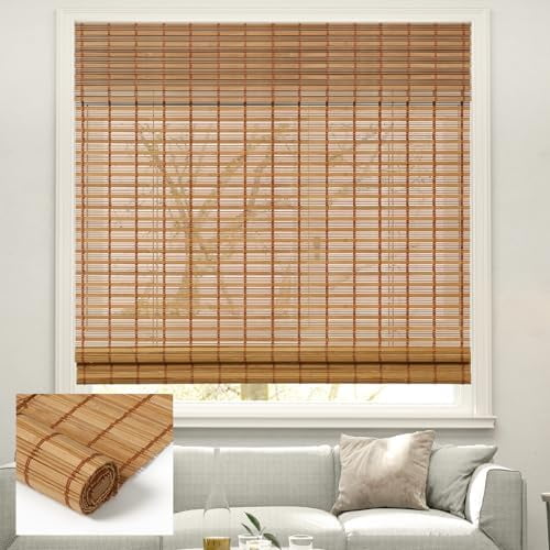 Cordless Sheer Bamboo Roman Shades with Valance, Light Filtering Woven Bamboo Blinds, Light Russet, 37" x 64"