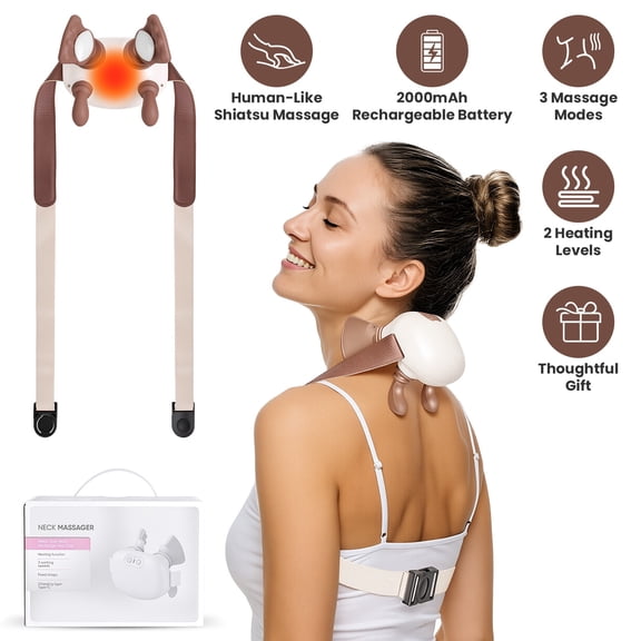 Cordless Shiatsu Neck Massager with 2 Heat Levels & 3 Intensity Settings, Rechargeable 2000mAh Deep Tissue Massage for Neck Shoulder Back Leg Ideal Gift for Home Office Travel