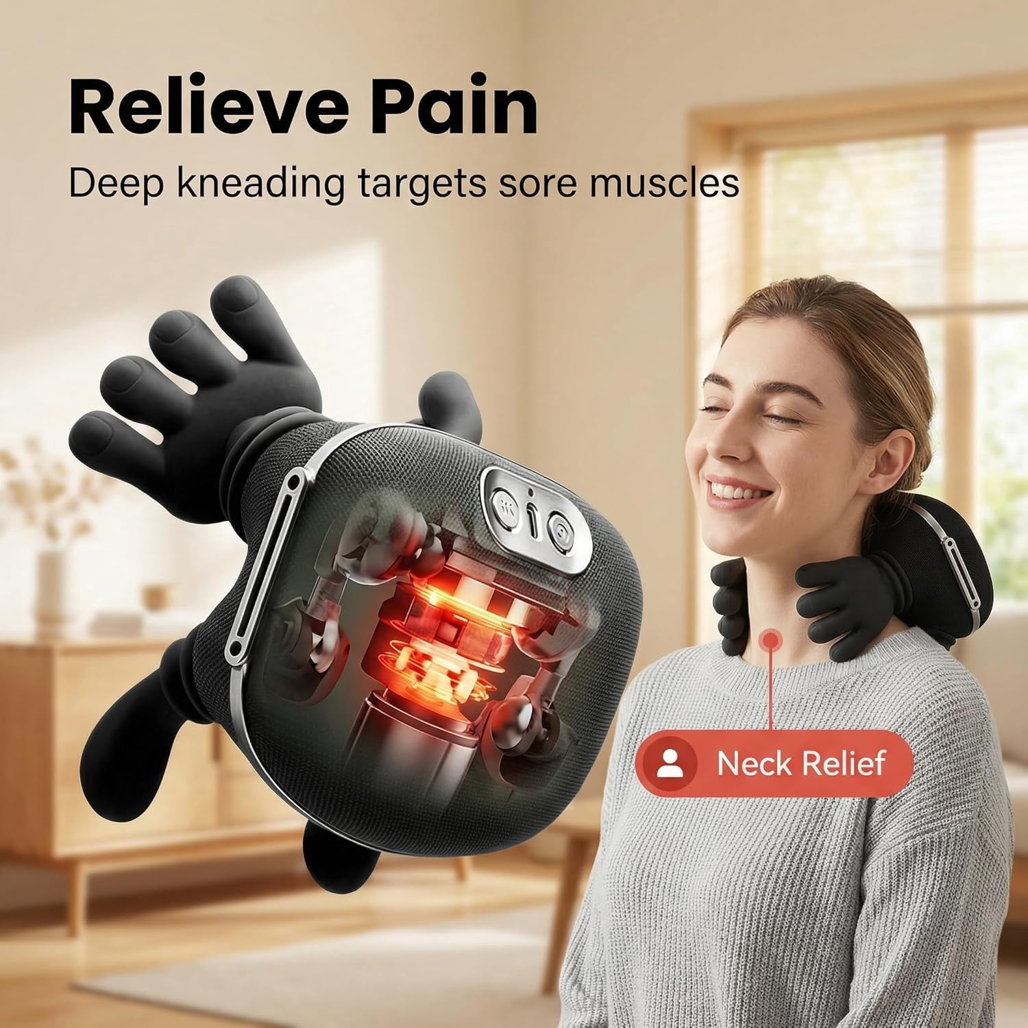 Cordless Shiatsu Neck and Shoulder Massager with Heat, Deep Tissue Kneading Back Massager for Pain Relief