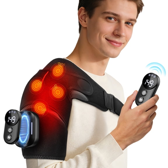 Cordless Shoulder Heating Pad with Magnetic Detachable Remote, 4-Motor Vibration Heated Shoulder Brace Massager, 5 Heat & 5 Vibration Modes, Heated Shoulder Wrap, Warm Gifts for Women Men