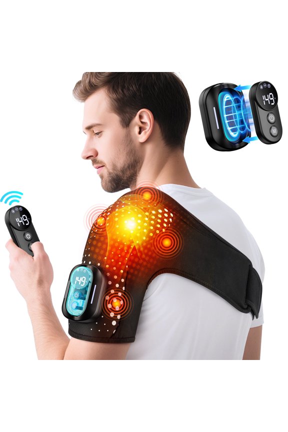 Cordless Shoulder Heating Pad with Magnetic Remote, 4 Vibration & 5 Heat Levels for Shoulder Discomfort Relief, 5000mAh Battery, 3 Timers, Adjustable Shoulder Massage Brace for Men Women