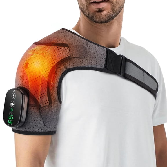 Cordless Shoulder Heating Pad with Massager, with Detachable Remote,Shoulder Massage Wrap with 6 Heating Levels 5 Vibration Modes, Rotator Massager for Pain Relief,for Men & Women