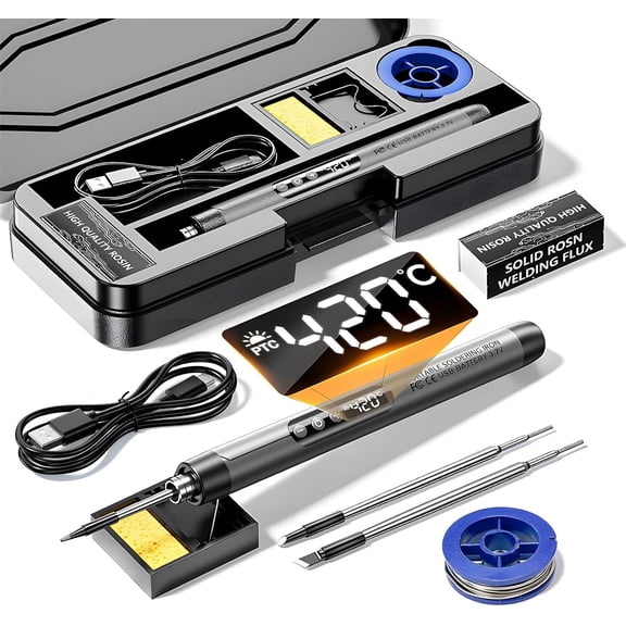 Cordless Soldering Iron Kit, USB Rechargeable Soldering Iron, LCD Digital Adjustable Temperature 260℃ - 420℃, 3 Soldering Tips, Soldering Wire, Electric Soldering Irons Pen for Home Appliance Repair