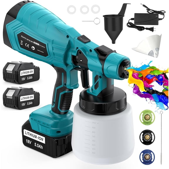 Cordless Sprayer , 2X 5500 mAh , Handheld Electric with 3 Nozzles, Adjustable Width & Flow Control, HVLP Sprayer for House Furniture Painting