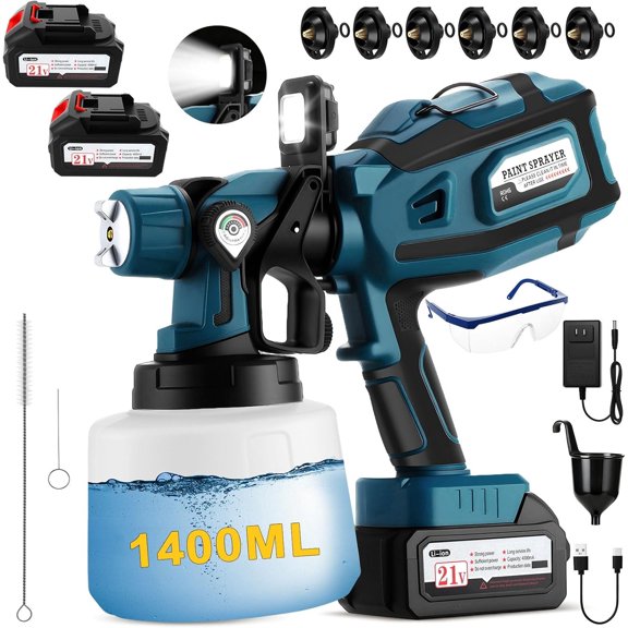 Cordless Sprayer with LED Light, 2*4000mAh 21V , 6 Nozzles & 3 Modes, with 1400ML Container, Handheld Sprayer for House Painting Furniture Cabinets Fence, Blue